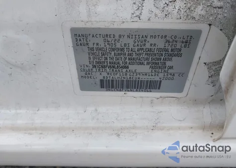 2022 Nissan Versa 1.6 Sr Xtronic Cvt z USA, uszkodzony, nr VIN 3N1CN8FV6NL854066